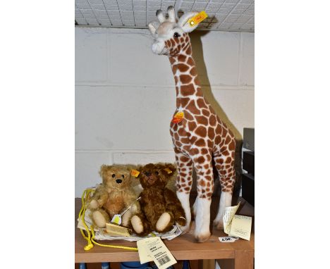 TWO CENTENARY COLLECTION STEIFF TEDDIES AND A STEIFF TIERLEBEN GIRAFFE, Giraffe 50 - 068089 with original label, height 50cm,