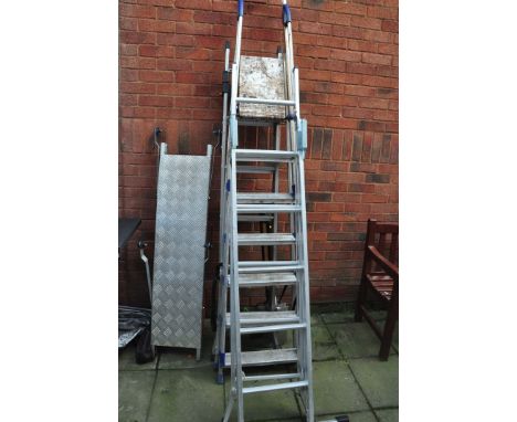 THREE SETS OF ALUMINIUM LADDERS the longest being 240cm long, a platform, a spade, a shovel and a fork (7)