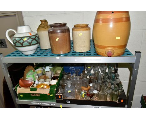 TWO BOXES AND LOOSE CERAMICS AND GLASS ETC, to include Hornsea Bronte and Saffron wares, Melawares cups, bowls and plates, bo