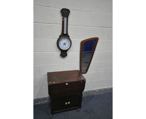 AN OAK DROP LEAF TEA TROLLEY, an oak aneroid barometer, and a mid-century wall mirror (3)