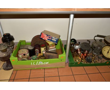 TWO BOXES OF METALWARE , LAMPS AND COLLECTABLE TINS, to include a boxed Tilley storm lamp, nineteen assorted collectable tins