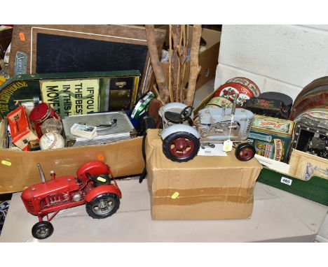 TWO BOXES AND LOOSE VINTAGE TINS, TRACTOR ORNAMENTS, AND SUNDRY ITEMS, vintage tins to include Horner Dainty Dinah Rich Assor