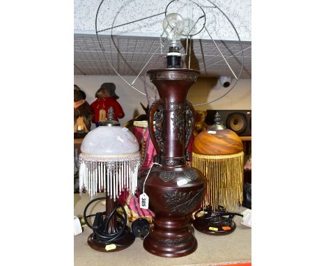 &nbsp;AN ORIENTAL BRONZED LAMP BASE POSSIBLY CONVERTED FROM A VASE, decorated with birds and cherry blossom, height 45cm (in 