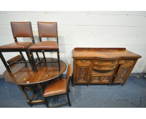 AN OAK BARLEY TWIST GATE LEG TABLE, open length 120cm x closed length 43cm x depth 92cm x height 74cm, four chairs, and an Ed