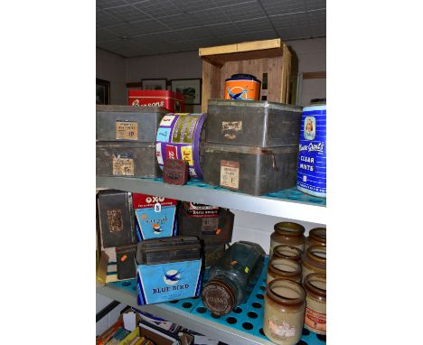 A COLLECTION OF VINTAGE ADVERTISING TINS AND PACKAGING, to include a glass Holland Toffee jar with a Bakelite lid, height 31c