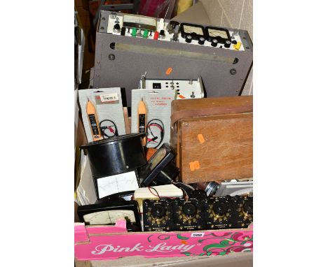 ONE BOX OF ELECTRICAL INSTRUMENTS, to include a Bakelite Sangamo Weston Ltd voltmeter A.C Model S57.1.857, four Bakelite Volt