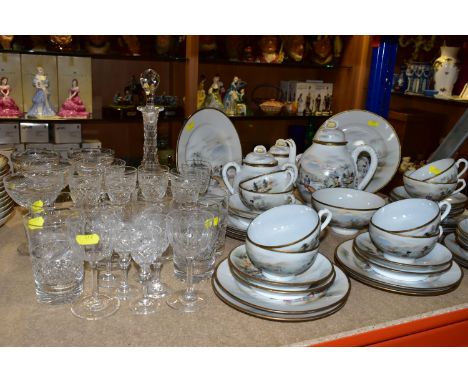 A GROUP OF THOMAS WEBB 'HEIRLOOM' PATTERN DRINKING GLASSES TOGETHER WITH A  HAND PAINTED JAPANESE EGG SHELL TEA SET, comprisi