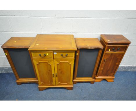 A YEW WOOD HIFI CABINET, with two doors, width 58cm x depth 45cm x height 83cm, with a pair of speaker cabinets, and a yew wo