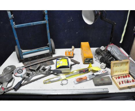 A SELECTION OF MISCELLANEOUS to include a quantity of tools such as mole grips, chainsaw sharpener, box of router pieces, bow