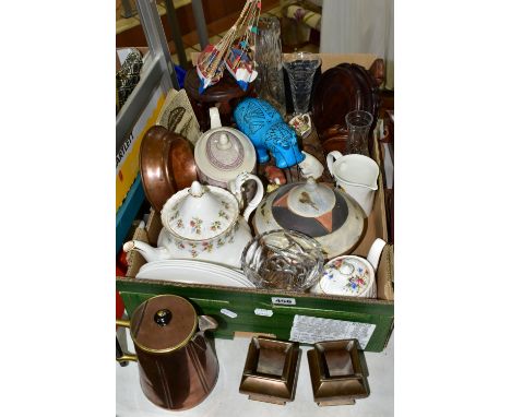 A BOX AND LOOSE CERAMICS, GLASS AND SUNDRY ITEMS, to include a copper jug with cover, marked '2, 43, J.M.' to base, height 15