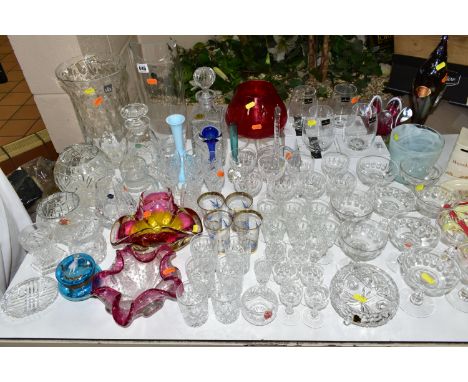 A COLLECTION OF CUT CRYSTAL AND COLOURED ART GLASS, comprising a Murano clear to cranberry controlled bubble dish, a clear, p