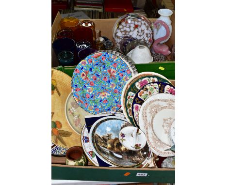 TWO BOXES AND LOOSE CERAMICS AND GLASS WARES, to include a Longwy plate with cloisonne style enamelled foliate decoration, di