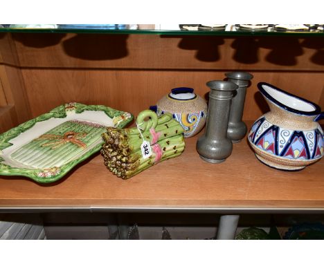 A PAIR OF LIBERTY &amp; CO TUDRIC PEWTER VASES AND A GROUP OF CERAMICS, the Tudric vases of bulbous form with elongated neck 