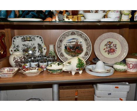 A GROUP OF MASON'S AND ROYAL WORCESTER CERAMICS, Mason's pieces comprising a piggy bank with Christmas tree design, two Game 