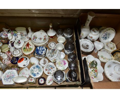 TWO BOXES OF CERAMICS, including eight Royal Worcester egg coddlers, patterns include 'Bournemouth', 'Lavinia', 'Woodland' an