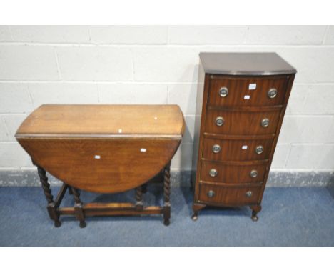 A TALL MAHOGANY CHEST OF FIVE DRAWERS, width 44cm x depth 35cm x height 104cm, and an oak barley twist gate leg table, open l