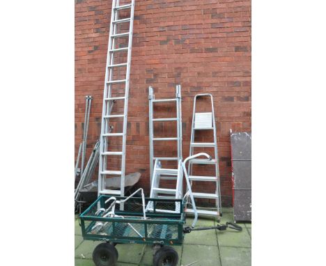 AN ALUMINIUM DOUBLE EXTENSION LADDER  with 13 rungs to each 340cm length, two step ladders, a stand off, a folding platform l