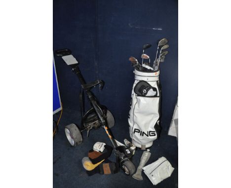 A PING GOLF BAG CONTAINING TAYLOR MADE CLUBS comprising a partial set of Taylor made clubs along with two Pinseeker and Spald