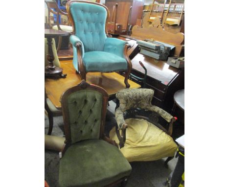 Three Victorian chairs to include a horse shoe armchair and two salon button back chairsLocation: 