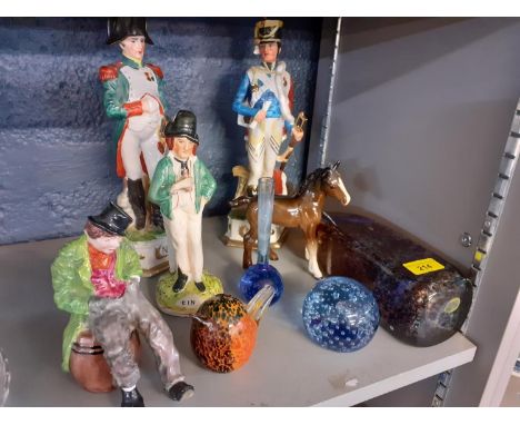 A Victorian Staffordshire figure, 2 Napoleon figures, a Maltese brown mottled glass vase, a small Beswick model of a brown fo