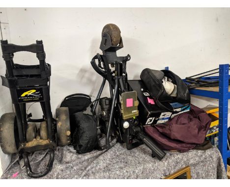 Golf related items to include a Prowalk caddy, a Power caddy, three pairs of shoes, a flight bag and other items 