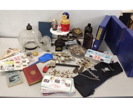 A mixed lot of items to include an early 20th century glass light shade, scales, Russian dolls, mixed First Day covers, an ea