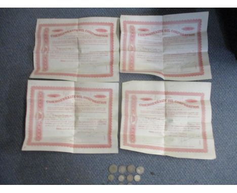 A group of pre 1947 silver coinage to include a 1940 Australian florin, and four Commonwealth oil corporation share certifica