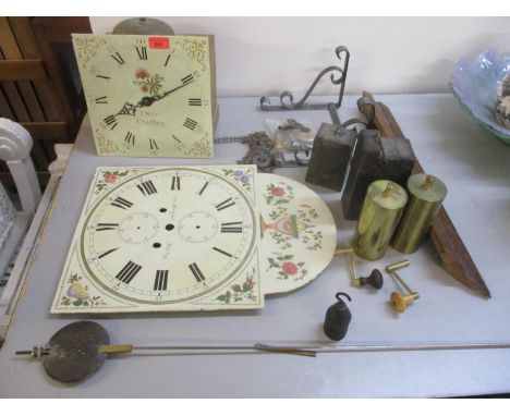 T Wife, Charlbury - a wall clock with metal bracket and two weights, a longcase clock face with the makers name Jes Wright, D