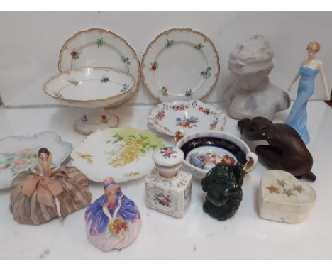 A Royal Doulton figurine of Lady Diana, and one entitled Monica HN1467, a pin cushion dolly, decorative plates, a plaster bus