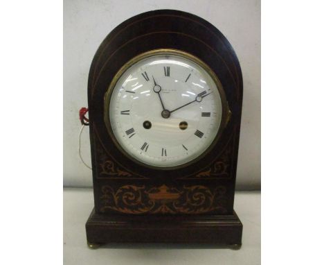 An Edwardian mahogany marquetry inlaid 8 day S Marti mantle clock, 30h 