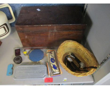 A wooden box containing a Rolls razor, three dress watches, a Hohner Echo-Luxe harmonica, lighter and other items Location: 7