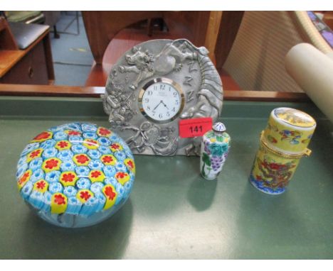 A Royal Selangor nursery clock in pewter dated 1995, together with a millefiori glass paperweight and other items Location: L
