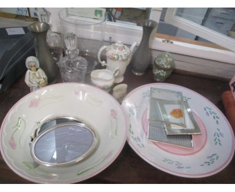 A mixed lot to include a late 19th century glass and enamel lidded pot, two decanters, picture frames and other itemsLocation