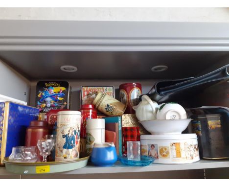 A collection of vintage tins, mixed ceramics to include part tea sets and motto ware, mixed silver plate to include rat tail 