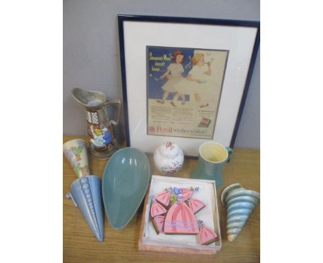 Collectables to include Denby, a Radford jug, a Crown Devon ginger jar, three 1930's wall pockets, art deco hand painted plac