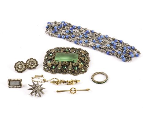 A group of eight pieces of jewellery, including a large Art Deco paste set brooch, two gold bar brooches, a 19th century mour