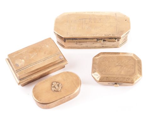 A group of four interesting brass snuff and tobacco boxes, including an elongated octagonal example with engraved lid for the