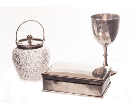 A Victorian silver goblet, together with an Art Deco silver cigarette box, and an Edwardian cut crystal preserve jar with sil