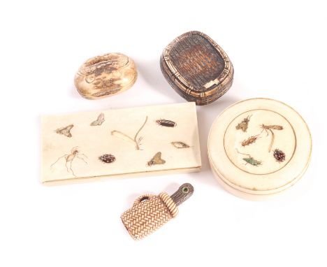 Five late Meiji period curios, including a miniature carved bone basket with inserted knife, two Shibayama ivory boxes, a car