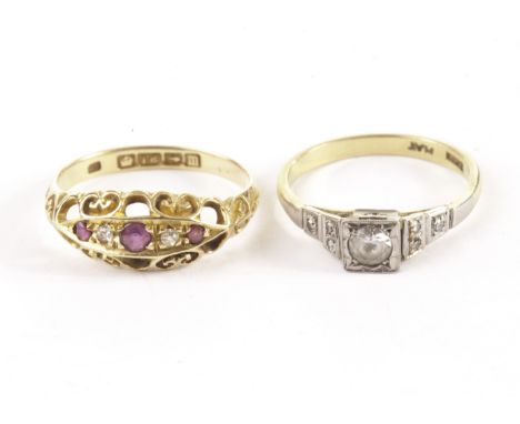 Two vintage rings, one a ruby and diamond in 18ct gold, the other an Art Deco engagement ring, approx 4.3g 