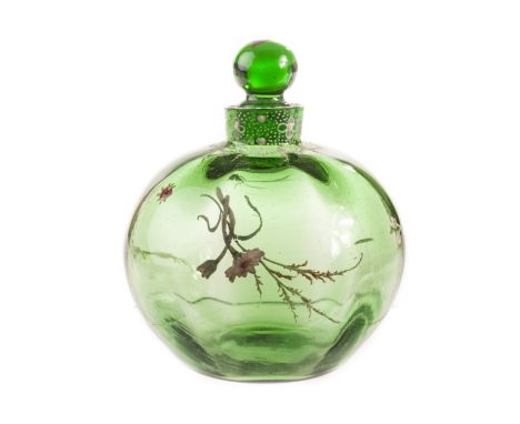 A rare Art Nouveau period French glass and enamelled perfume bottle by Gallé, the green bulbous bottle decorated with insects