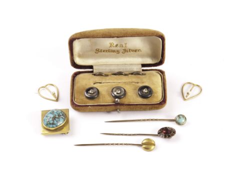 A Victorian 18ct gold and turquoise brooch, together with a pair of 9ct gold pearl collar clips, three stick pins and a set o