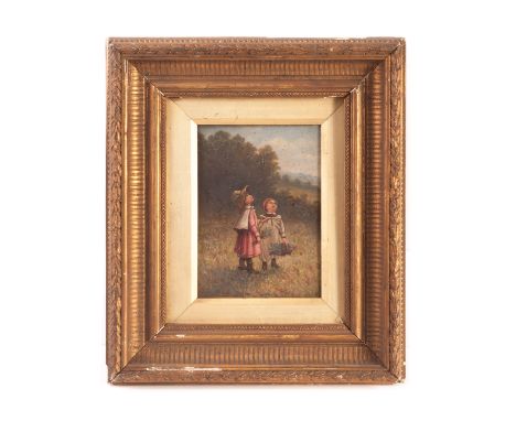 John Wood (19th century), English school oil on board ‘The Lark’s Song’ portrait of two children in a meadow with eyes to the