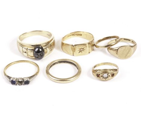 A group of seven various rings, including two 9ct gold bands, a 9ct gold signet ring, AF, a small 15ct gold example, AF, an 1