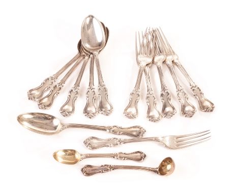 A set of William IV silver flatware, comprising six starter forks, six spoons, a sauce ladle, and a tea spoon 27ozt  (14) 