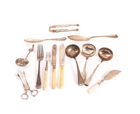 A group of Georgian, Victorian and later silver serving utensils, including three silver ladles, three butter knives, two pai