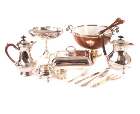 A 1930s ceramic lined and nickel silver mounted oak pedestal salad bowl, and servers, together with a good selection of other