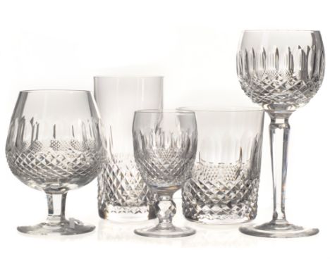 A large collection of Waterford Coleen pattern hobnail lead crystal, including Champagne saucers, brandy balloons, port an sh