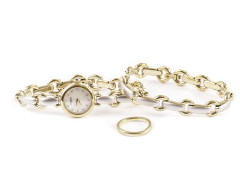 An 18ct gold wedding band and a ladies Rotary wristwatch, the plain band, approx 3.4g, with cut away for engagement ring, tog