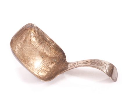 A George III silver tea caddy spoon J.W, with bright cut designs, bearing strike marks for Birmingham 1787 
